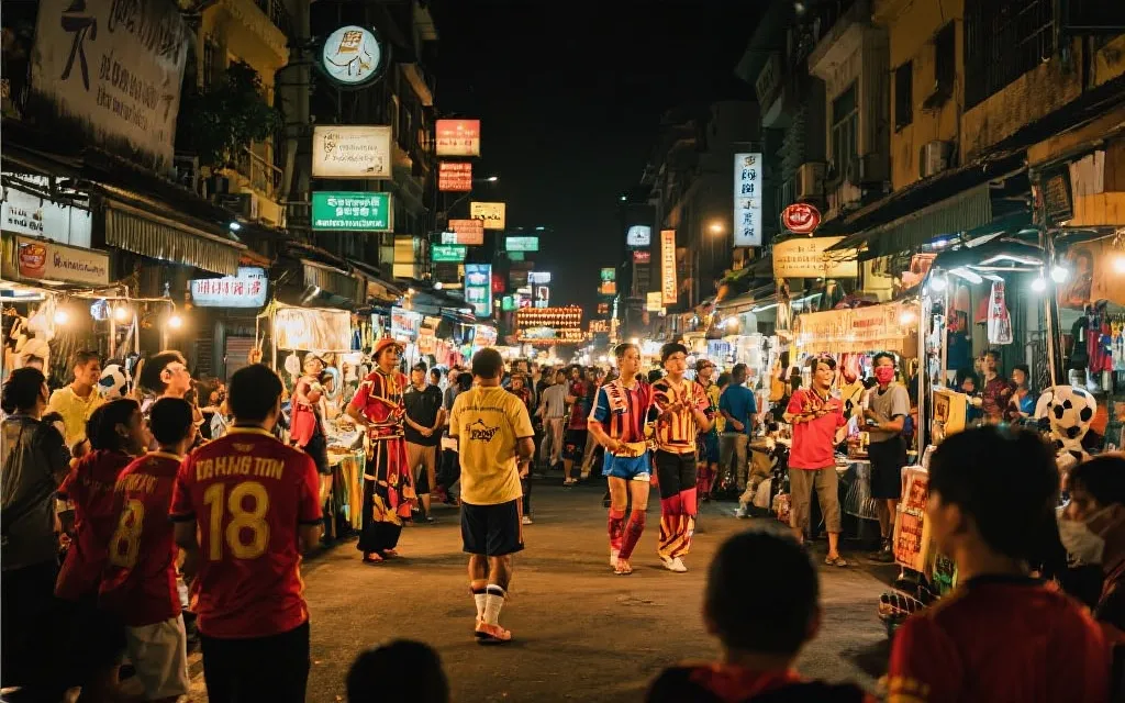 球迷步行街与夜市摊位，体育与文化复合旅游线路的城市氛围